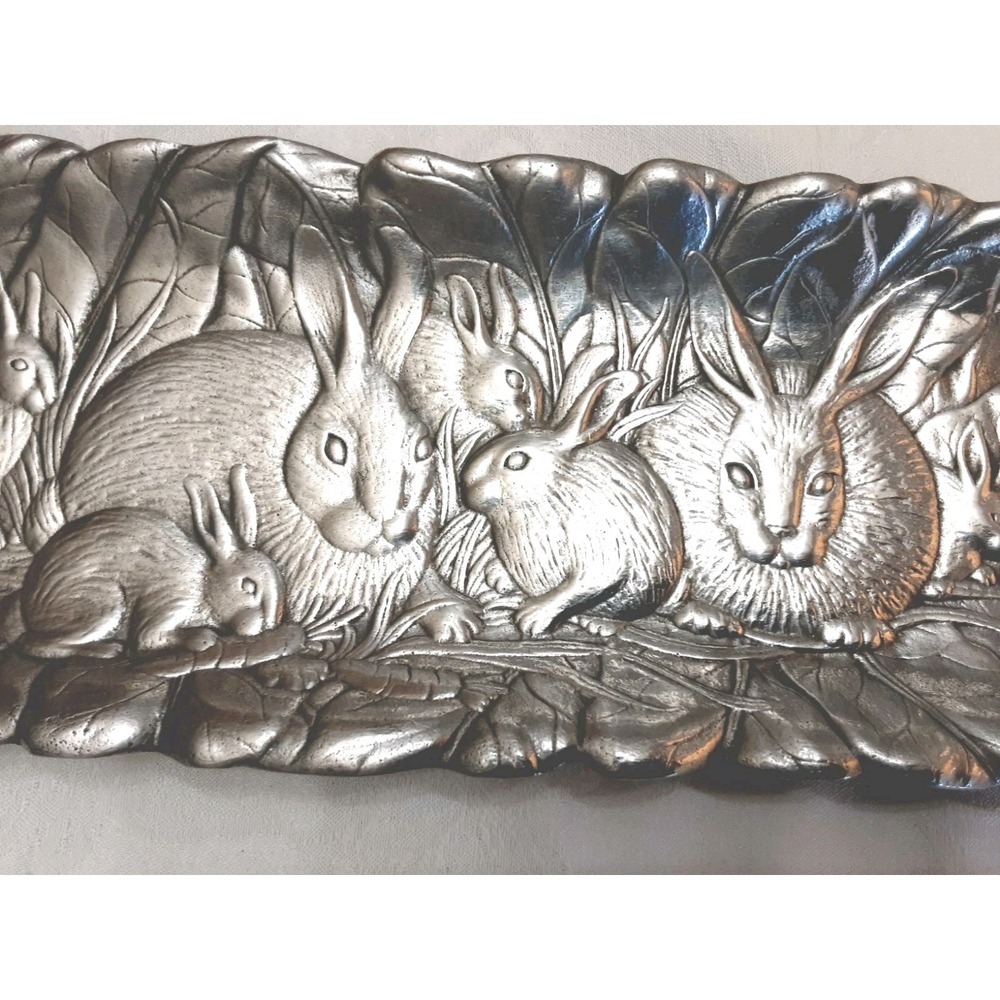 VTG Arthur Court Serving Tray Platter 1986 Cast Aluminum Bunny Rabbit Family